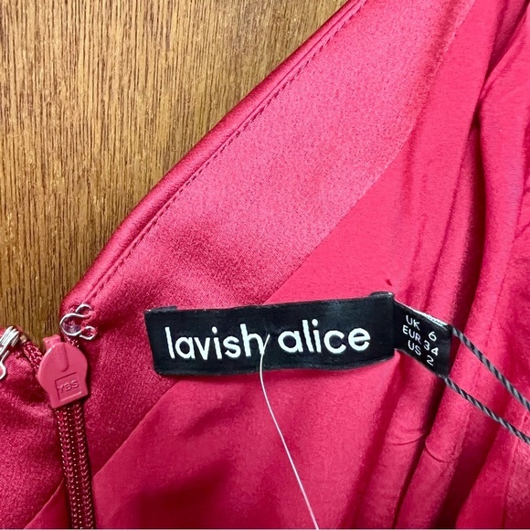 Lavish Alice Pleated One Shoulder Satin Cocktail Midi Dress Red Burgundy 2 NWT - Picture 6 of 16